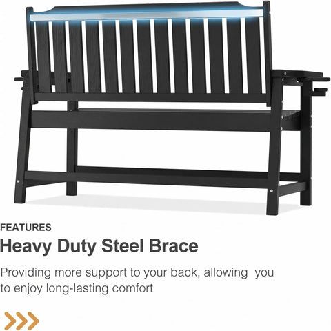 Tough As Nails Two Seater Outdoor Bench With Cup Holder Crafted From Premium Fade Resistant Hdpe For Patios Yards And Decks Handles Up To 660 Pounds Easy Clean All Weather Hangout Spot In Black showing heavy duty steel brace for back support.