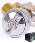 Close-up of Smooth Operator Gold Toned Pneumatic Hvlp Paint Spray Gun with stainless steel nozzle and box, ideal for DIY furniture and auto bodywork.