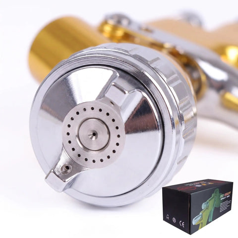 Close-up of Smooth Operator Gold Toned Pneumatic Hvlp Paint Spray Gun with stainless steel nozzle and box, ideal for DIY furniture and auto bodywork.