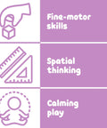 Diagram showing benefits of Calm Down Threading Boards Set Of 2 For Sensory Play And Focus; fine-motor skills, spatial thinking, calming play.