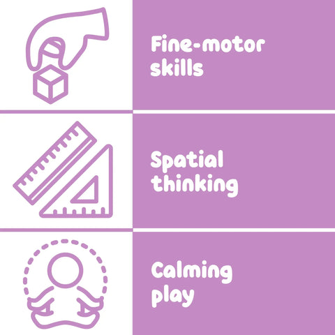 Diagram showing benefits of Calm Down Threading Boards Set Of 2 For Sensory Play And Focus; fine-motor skills, spatial thinking, calming play.