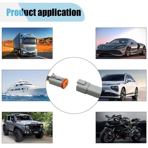 4 Pin Waterproof Automotive Electrical Connector Kit with 17AWG Wire, shown with car, truck, boat, SUV, and bike applications