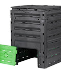 120 Gallon BPA Free Garden Compost Bin No Fuss Easy Assembly And Aerating Outdoor Compost Box in black plastic with green lid
