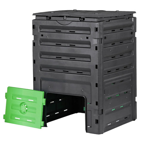 120 Gallon BPA Free Garden Compost Bin No Fuss Easy Assembly And Aerating Outdoor Compost Box in black plastic with green lid