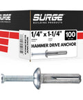 One Quarter By One Quarter Inch Hammer Drive Concrete Anchor Nail 100 Per Box for Concrete Block and Brick with Mushroom Head Fasteners