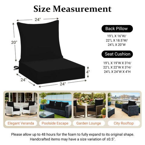 Outdoor Chair Cushions 24x24 Deep Seat Waterproof Fade Resistant Patio Cushions With Handle And Removable Cover Black Set size diagram