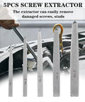 Straight Fluted Screw Extractor Set, Five Pieces for Damaged Bolts and Broken Screws, Easy Out Bolt Extractor Kit displayed in a workshop
