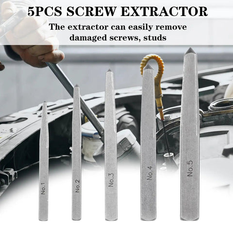 Straight Fluted Screw Extractor Set, Five Pieces for Damaged Bolts and Broken Screws, Easy Out Bolt Extractor Kit displayed in a workshop