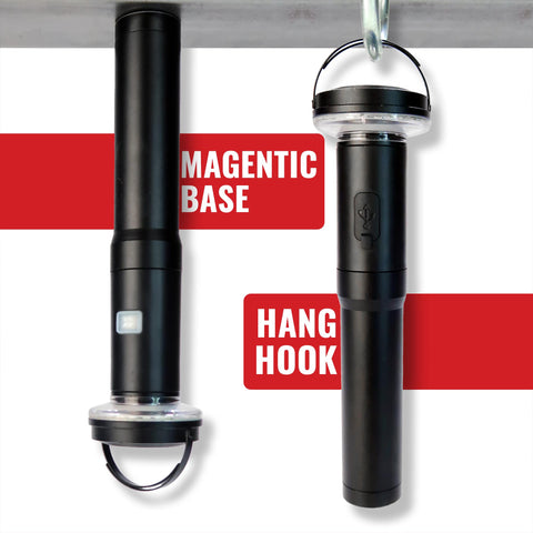 Beast Bright Telescoping Area Light With 8 Foot Extension And Removable Flashlight showing magnetic base and hang hook features.