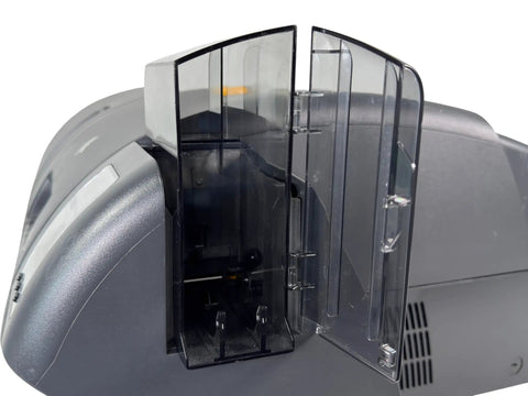 Solid Workhorse Dual-Sided ID Card Printer With Built-In Laminator And USB LAN Connectivity For Crisp CR-80 Results At 300 DPI, showing clear panel and printer side.