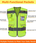 Hella Visible Mesh Safety Vest For Men And Women With Big Time Reflective Striping And Nine Deep Utility Pockets For Solid Day Or Night Job Site Wear In Bright Yellow Xl showcasing multi-functional pockets including a flashlight pocket and ID badge holder.
