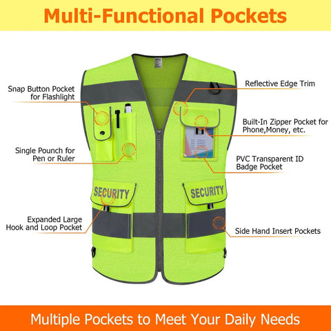 Hella Visible Mesh Safety Vest For Men And Women With Big Time Reflective Striping And Nine Deep Utility Pockets For Solid Day Or Night Job Site Wear In Bright Yellow Xl showcasing multi-functional pockets including a flashlight pocket and ID badge holder.