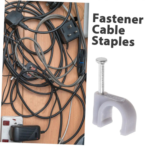 100 Pcs Wire Staples And Cable Clips With Steel Nails PE Material For Ethernet And Coaxial Cables Cable Management Holders Easy DIY Friendly Quick Install Pipe Clamps For Electrical And Extension Cords Gray next to tangled cords.