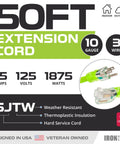 Heavy Duty 50 Foot 10 Gauge Extension Cord With 3 Prong Lighted End, 15 Amp, SJTW, weather-resistant, designed in USA