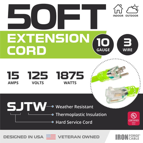 Heavy Duty 50 Foot 10 Gauge Extension Cord With 3 Prong Lighted End, 15 Amp, SJTW, weather-resistant, designed in USA
