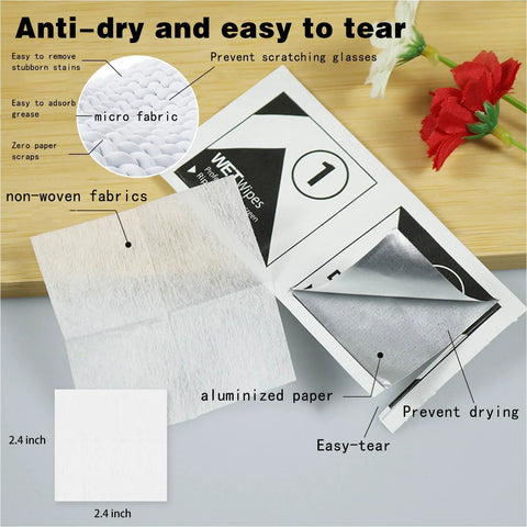 Front view of Amazon eyeglass lens wipes: 200-count with 6 microfiber cloths, individually wrapped.