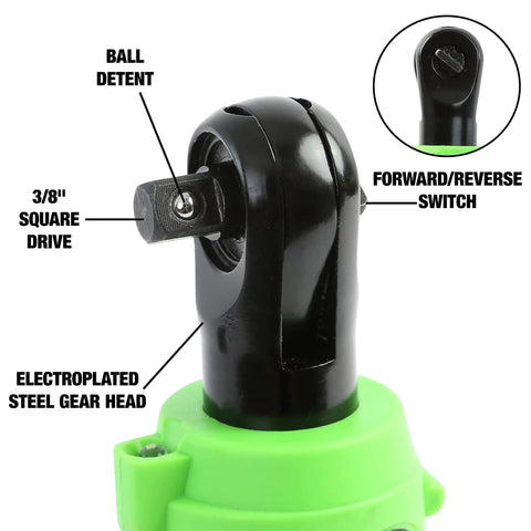 Compact 12V Li-ion Cordless Power Ratchet Wrench With Three Eighth Inch Drive, electroplated head close-up