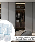 Image of Eight-Piece Sliding Closet Door Roller Hardware Kit With Top Hung Bypass Upper Mount Track Wheels in front of wardrobe.
