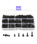 900 Piece Self Tapping Screw Assortment Kit with M2.3 M2.6 M3 screws, carbon steel black finish in plastic organizer box.