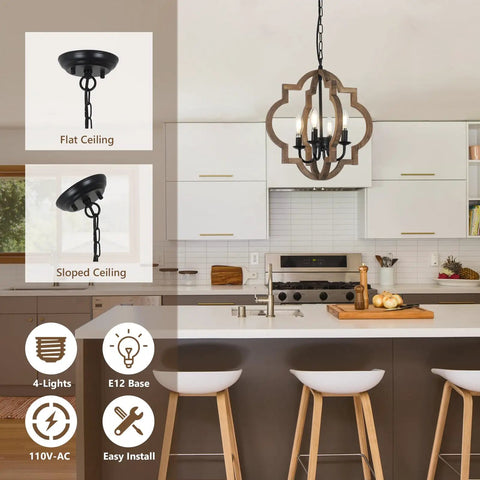 Dope Farmhouse Chandelier 4-Light Pendant Light For Dining Room Table Rustic White Distressed Wood Orb With Black Sockets in kitchen