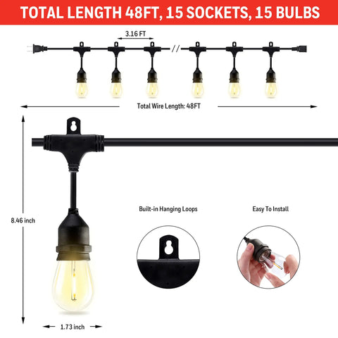 Outdoor LED String Lights 24 Ft Weather Resistant With Vintage Bulbs For Patio Garden Backyard Cafe Bistro Gazebo Lighting