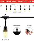 48 Ft Outdoor String Lights With 15 Waterproof LED E26 Bulbs Commercial Grade Patio Cafe Lighting For Backyard Ambience Durable Shatterproof Plastic Bulbs installation and measurements
