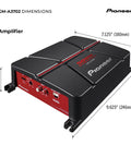 GM-A3702 2 Channel Car Amplifier With 500W Max Power Class AB Bridgeable Design Auto Signal Sensing And Turn On Built In High And Low Pass Filters For Loud Clean Bass Boosted Car Audio, showing dimensions 7.125 x 9.625 x 2.375 inches (180 x 246 x 60 mm) and inputs visible.