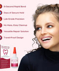 Smiling woman next to product box and bottle labeled 'Pro Denture Adhesive Kit,' highlighting features of quick bond and versatile repair.