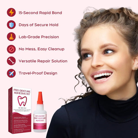 Smiling woman next to product box and bottle labeled 'Pro Denture Adhesive Kit,' highlighting features of quick bond and versatile repair.