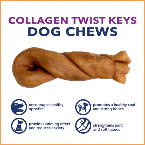 Collagen Twist Keys Dog Chews Chicken Flavor Six Count Pack Made In USA Beefhide Treats For Dogs, promotes health benefits