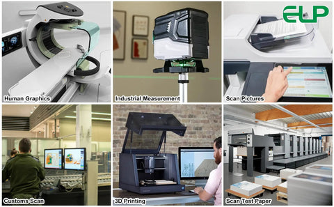 Collage of industrial applications including 3D printing, scanning, and measurement showcasing diverse technology use cases.