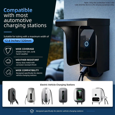 Heavy Duty Galvanized Steel EV Charger Rain Canopy Weatherproof Sun Shade protecting electric charger mounted on wall.