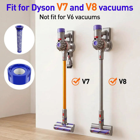 Dyson V7 and V8 vacuums on wall with filter kit visible, Dyson Vacuum Filter Kit For V7 And V8 Series With Pre And Post Filters Replacement