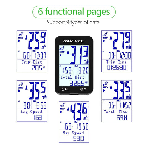 Dope GPS Bike Computer with Wireless Setup showing six functional pages including speed, distance, ride time, and max speed.