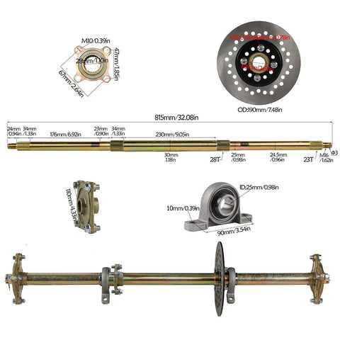32 Inch Complete Go Kart Rear Axle Kit With 5 Inch Wheels Front Steering Assembly Brakes 420 Sprocket And Seat diagram