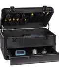 Heavy Duty Tool Box With Drawers Hard Case Organizer for home garage shop and jobsite, open showing compartments and tools inside