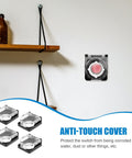 Anti Touch Button Cover With Flip Lid Safety Guard for industrial use shown installed on wall with four pack details