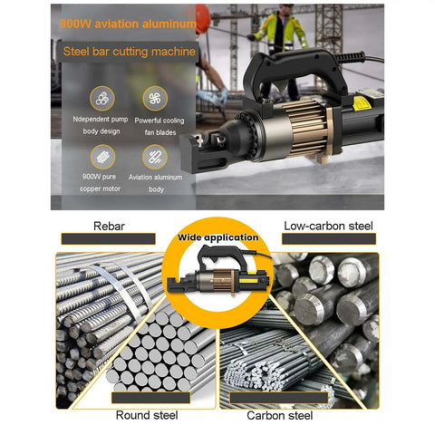 USZWBY Portable Hydraulic Rebar Cutter 900W Handheld Steel Bar Cutting Machine cutting rebar and steel rods on job site.