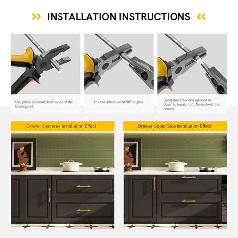 Installation instructions for 10 Pack Brushed Nickel Cabinet Knobs And Drawer Pulls Set In Solid Zinc Alloy showing tools and drawer placement.