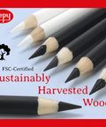 Close-up of black and white FSC-certified pencils with text "Sustainably Harvested Wood" and Pepy logo on blue background.