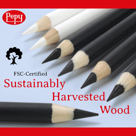 Close-up of black and white FSC-certified pencils with text "Sustainably Harvested Wood" and Pepy logo on blue background.