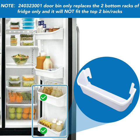 Two Pack 15.95 Inch Fridge Door Bin Side Shelf Replacement for Frigidaire Electrolux Kenmore installed on lower fridge rack