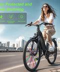 Woman biking with vibrant 150 Piece Spoke Covers Set In 10 Bold Colors For Bikes And Motorcycles Bright Rim Wraps To Level Up Your Ride