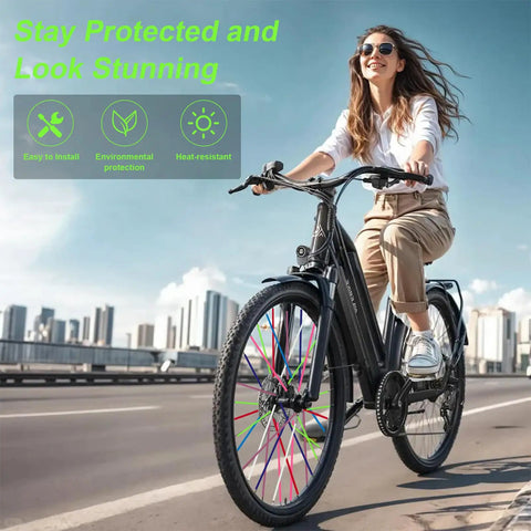 Woman biking with vibrant 150 Piece Spoke Covers Set In 10 Bold Colors For Bikes And Motorcycles Bright Rim Wraps To Level Up Your Ride