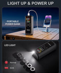 Dual Cylinder Tire Inflator With Auto Shut Off, 4X Faster Portable Air Compressor showcasing LED screen and USB charging port.