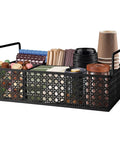 Metal Coffee Bar Organizer With Handles A Space Saving Countertop Station For Coffee Pods Stirrers Sugar Packets Straws And Tea Condiments In Sleek Mesh Black Finish With Durable Iron Build