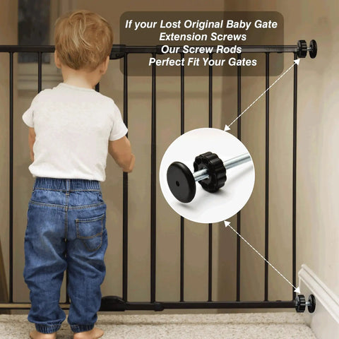 Drop Dead Solid 8mm Threaded Spindle Rods Baby And Pet Gate Replacement Parts No Hassle Swap, shown with child near gate.