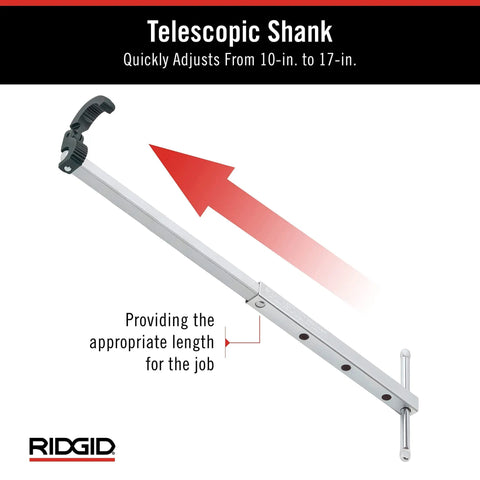 Fold Over Basin Adjustable Pipe Wrench 10 To 17 Inch Telescoping Shank With One Hand Ratcheting Grip highlighted adjustment capability