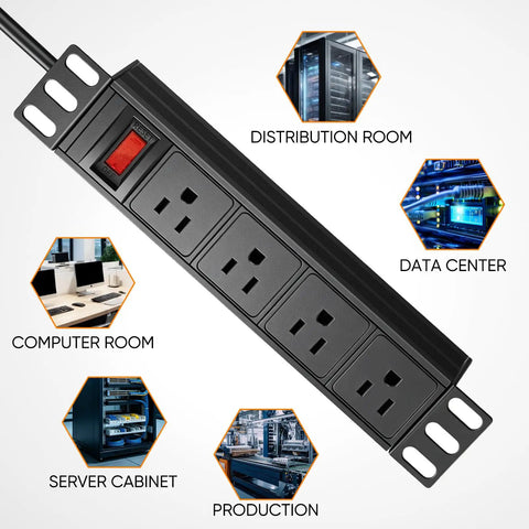 Plug And Play 10 Inch Rack PDU With Four AC Outlets Sits Perfectly Inside Mini Server Racks And Dishes Out 15 Amp 125V Power From A Gnarly Steel Casing For Serious Network Ops That Never Miss A Beat, featuring four NEMA outlets and a reset button.