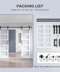 Double 24 By 84 Inch Glass Barn Door Slab With 8 Foot Hardware Kit Included, Five Frosted Glass Panels, LVL Wood Core displayed